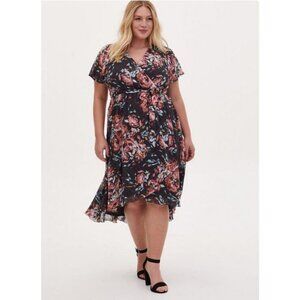 Torrid Size 1 Faux Wrap Dress Swiss Dot Floral Dress Dark Grey